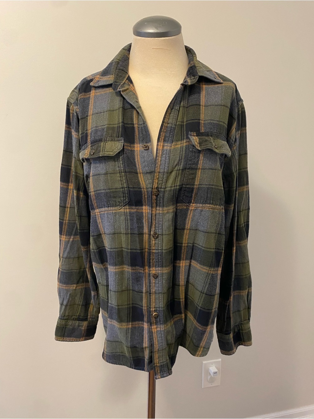 George Olive, Navy & Tan Plaid Button-Down Shirt